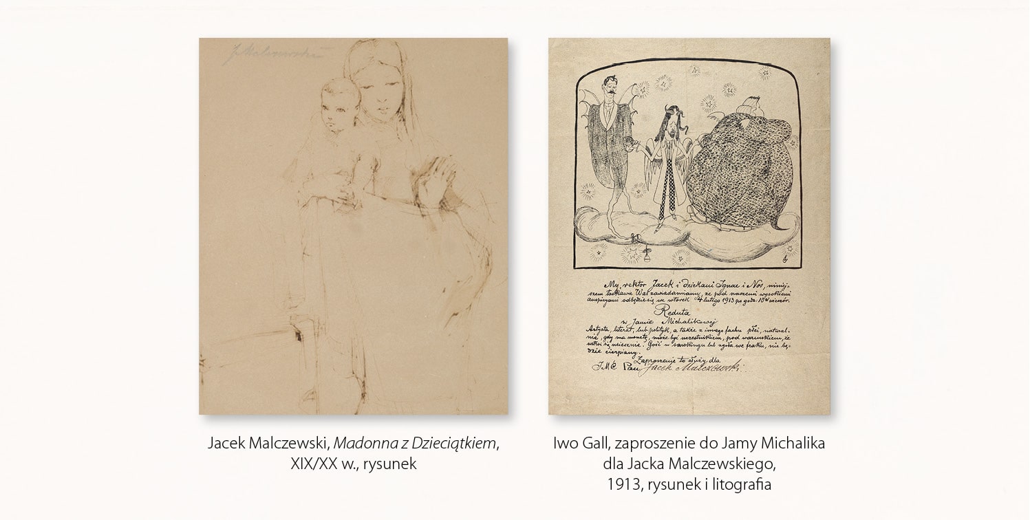 1. Jacek Malczewski, Madonna z Dzieciątkiem  – przedstawia w ujęciu prawie całopostaciowym en face wizerunek młodej kobiety z dzieckiem na ręku  2. Iwo Gall, zaproszenie do Jamy Michalika dla Jacka Malczewskiego  – przedstawia w karykaturalnym ujęciu całopostaciowe wizerunki trzech mężczyzn, na dole tekst zaproszenia 